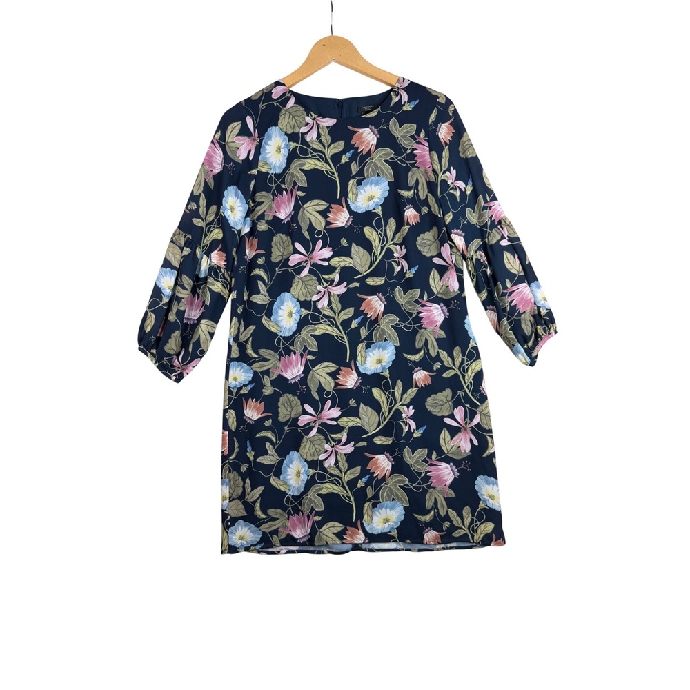 Ann Taylor Factory Floral Print 3/4 Sleeve Dress size 10 Petite Blue/Pink